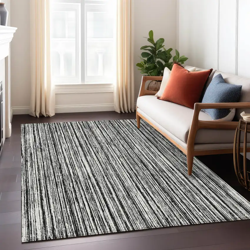 Black And Ivory Striped Washable Indoor Outdoor Area Rug Photo 8