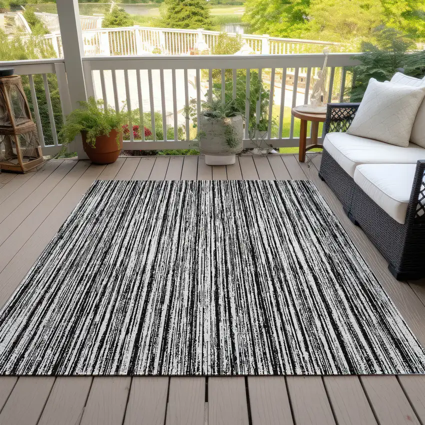 Black And Ivory Striped Washable Indoor Outdoor Area Rug Photo 6