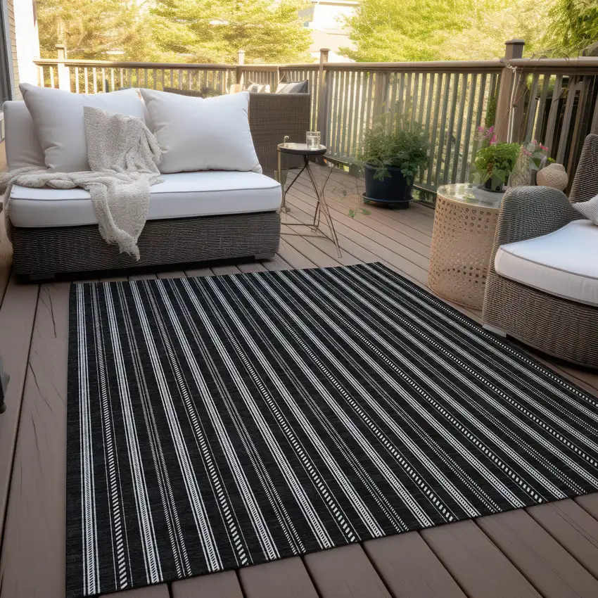 Black And Ivory Striped Washable Indoor Outdoor Area Rug Photo 9