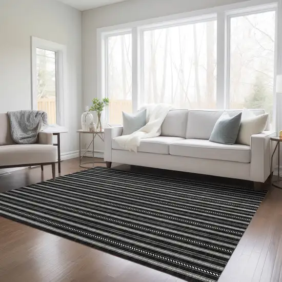 Black And Ivory Striped Washable Indoor Outdoor Area Rug Photo 9
