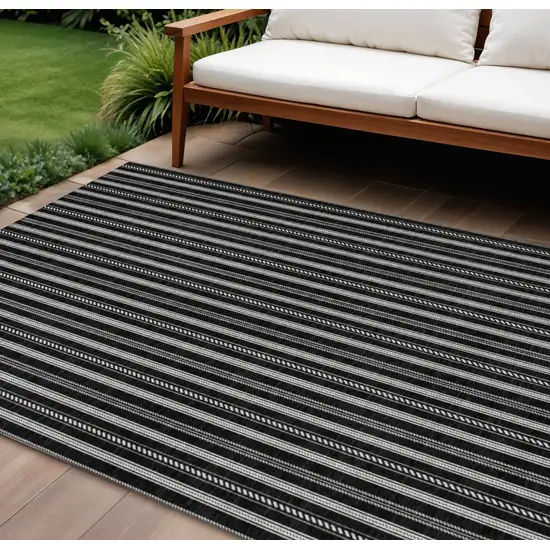 Black And Ivory Striped Washable Indoor Outdoor Area Rug Photo 1