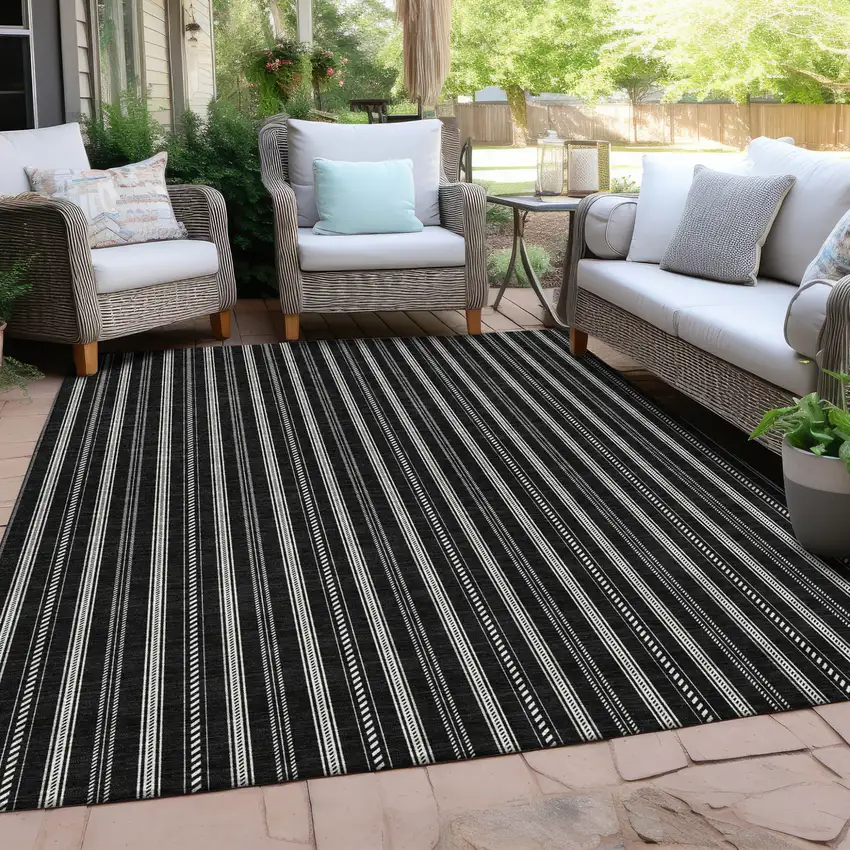 Black And Ivory Striped Washable Indoor Outdoor Area Rug Photo 8