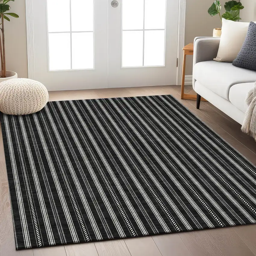 Black And Ivory Striped Washable Indoor Outdoor Area Rug Photo 9
