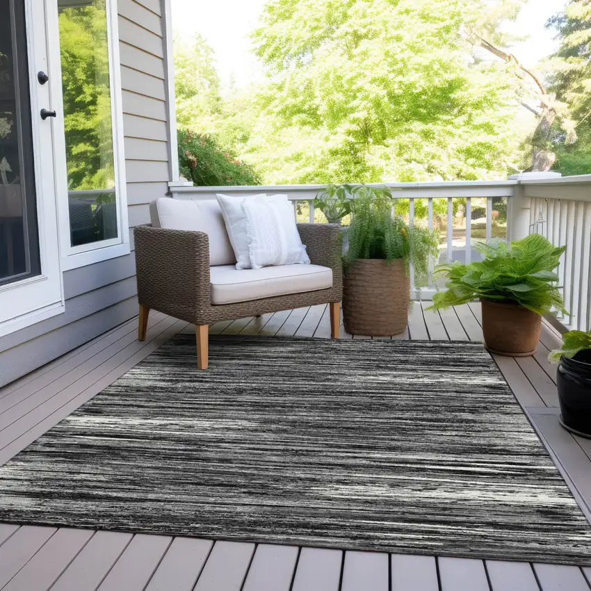 Black And Ivory Striped Washable Indoor Outdoor Area Rug Photo 8