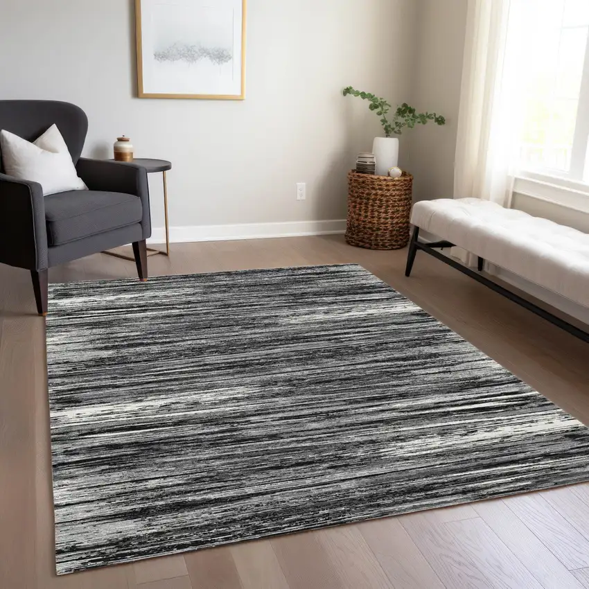 Black And Ivory Striped Washable Indoor Outdoor Area Rug Photo 9