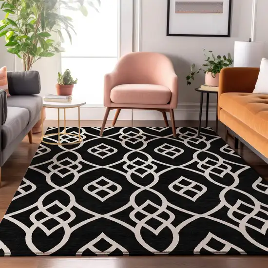 Black And Ivory Trellis Washable Area Rug With UV Protection Photo 4