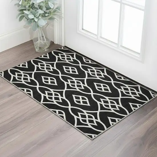 Black And Ivory Trellis Washable Area Rug With UV Protection Photo 2