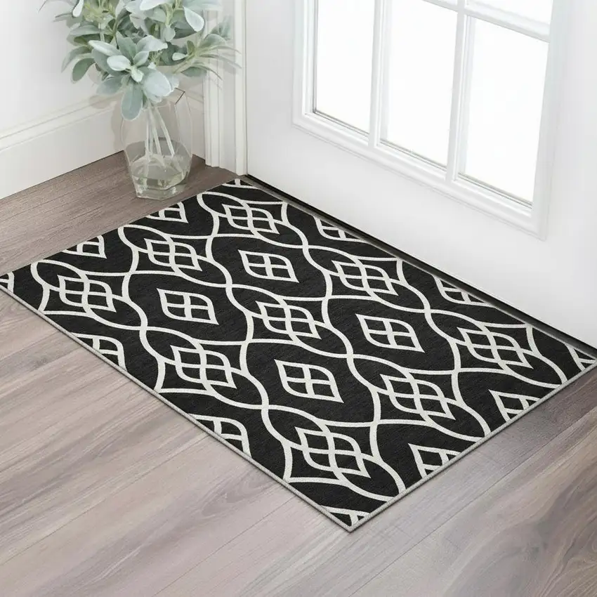 Black And Ivory Trellis Washable Area Rug With UV Protection Photo 2