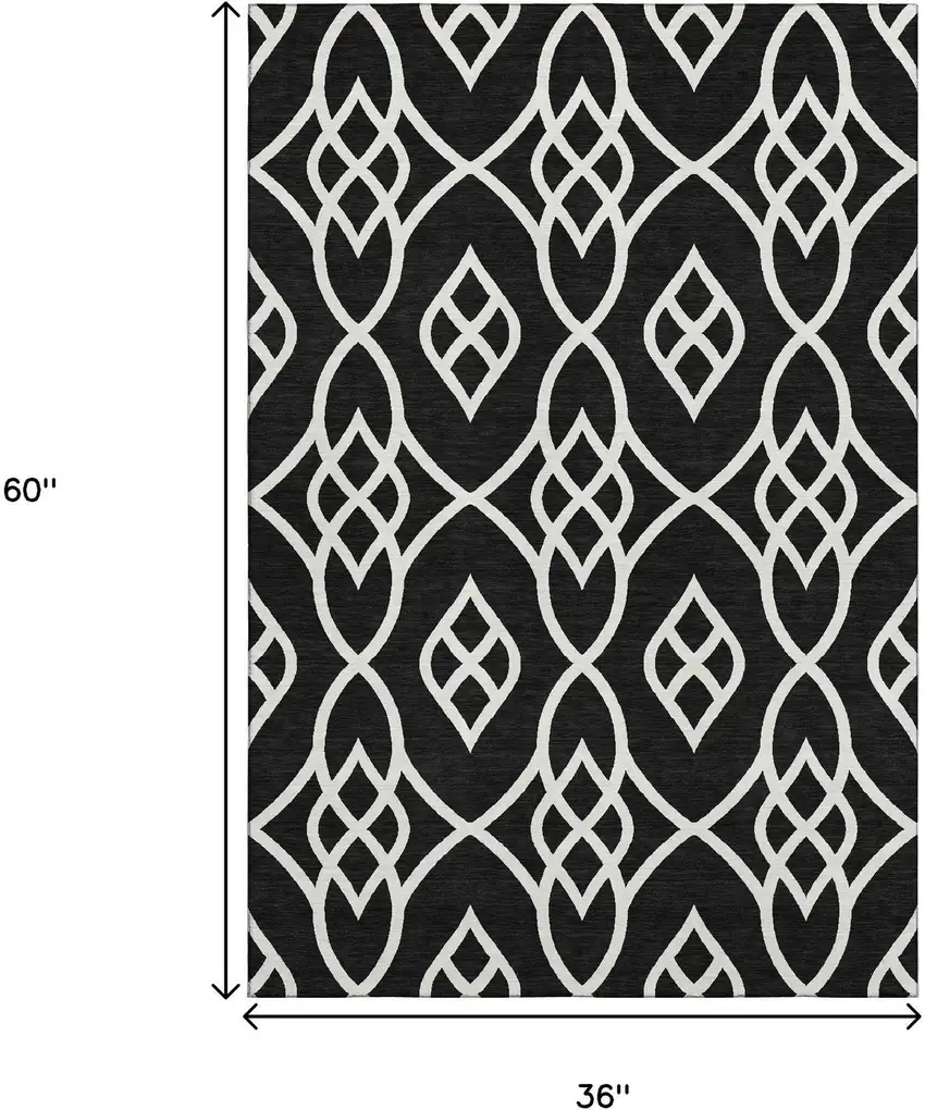 Black And Ivory Trellis Washable Area Rug With UV Protection Photo 3