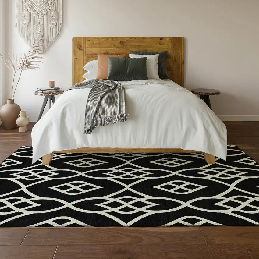 Black And Ivory Trellis Washable Area Rug With UV Protection Photo 5