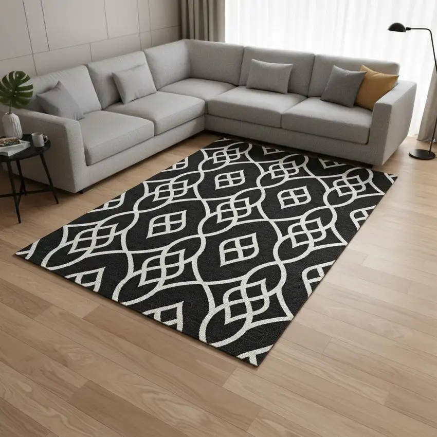 Black And Ivory Trellis Washable Area Rug With UV Protection Photo 2