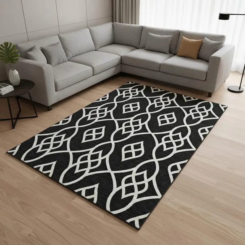 Black And Ivory Trellis Washable Area Rug With UV Protection Photo 2