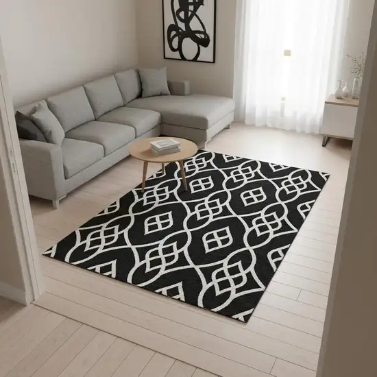 Black And Ivory Trellis Washable Area Rug With UV Protection Photo 2