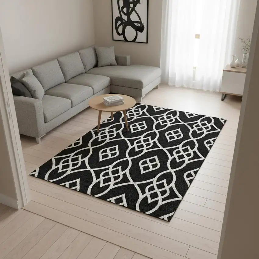 Black And Ivory Trellis Washable Area Rug With UV Protection Photo 2