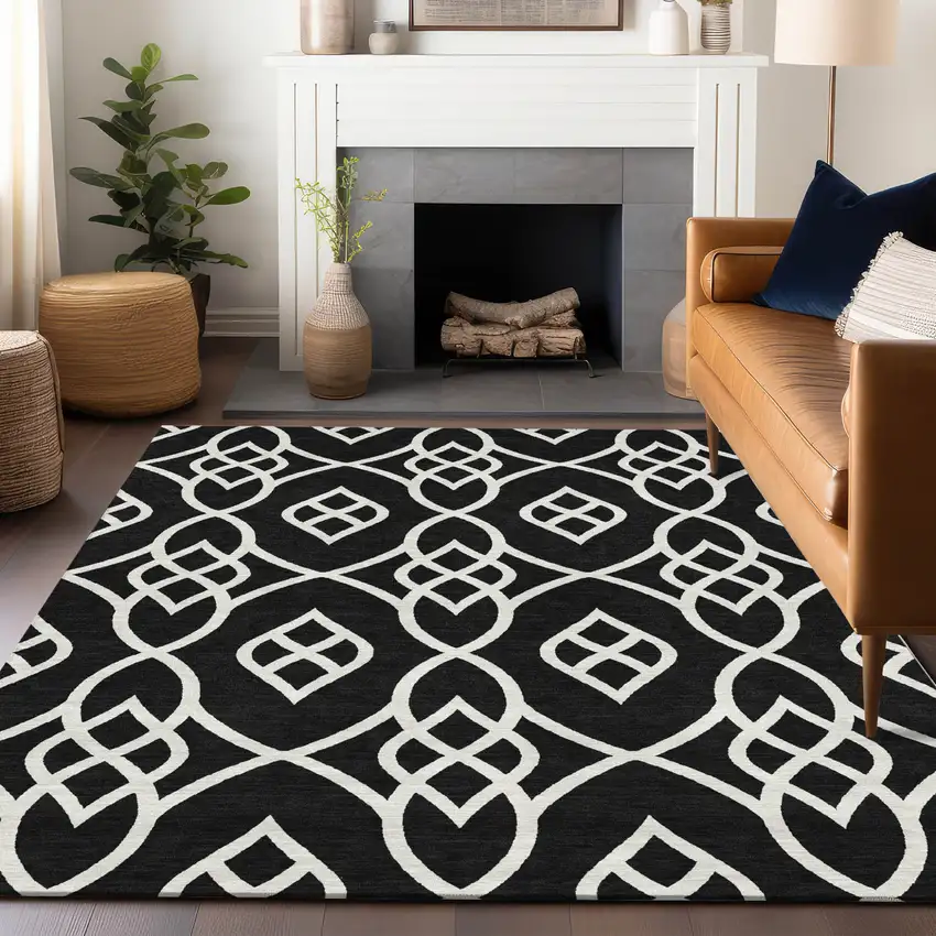 Black And Ivory Trellis Washable Indoor Outdoor Area Rug Photo 8
