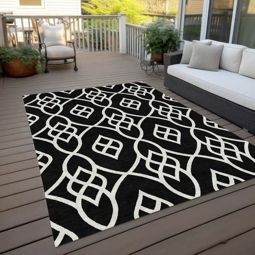 Black And Ivory Trellis Washable Indoor Outdoor Area Rug Photo 9