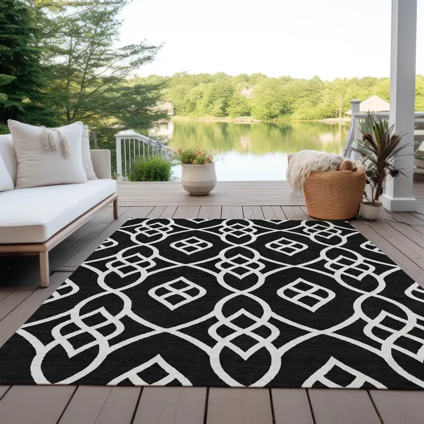 Black And Ivory Trellis Washable Indoor Outdoor Area Rug Photo 8