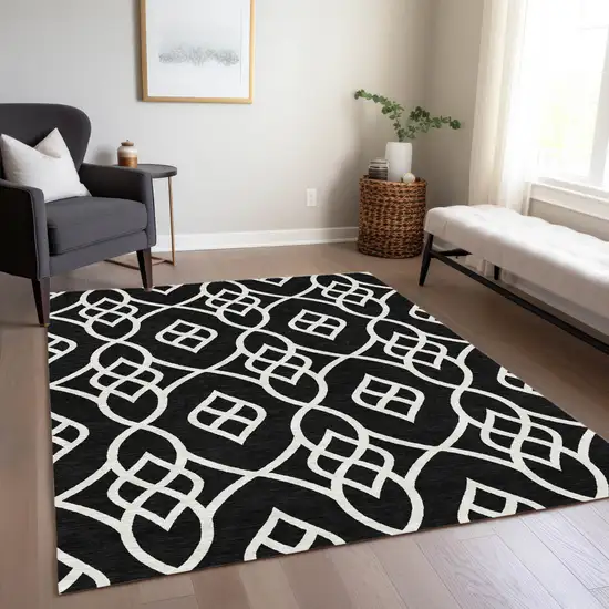 Black And Ivory Trellis Washable Indoor Outdoor Area Rug Photo 9