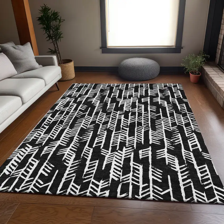 Black And Ivory Tribal Washable Area Rug With UV Protection Photo 6