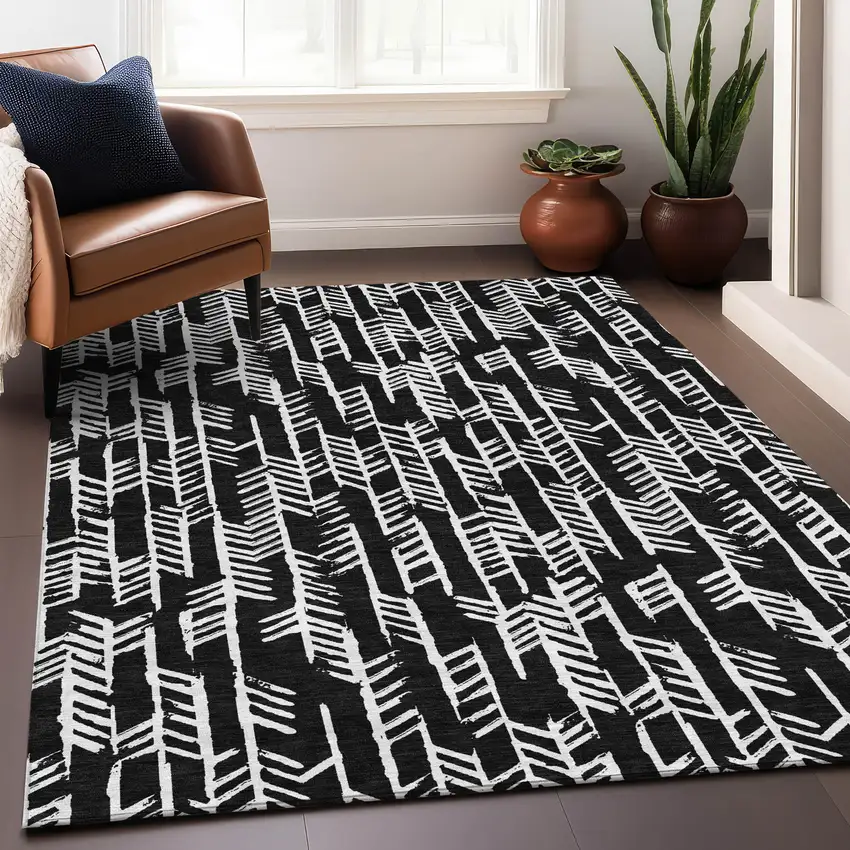 Black And Ivory Tribal Washable Area Rug With UV Protection Photo 5