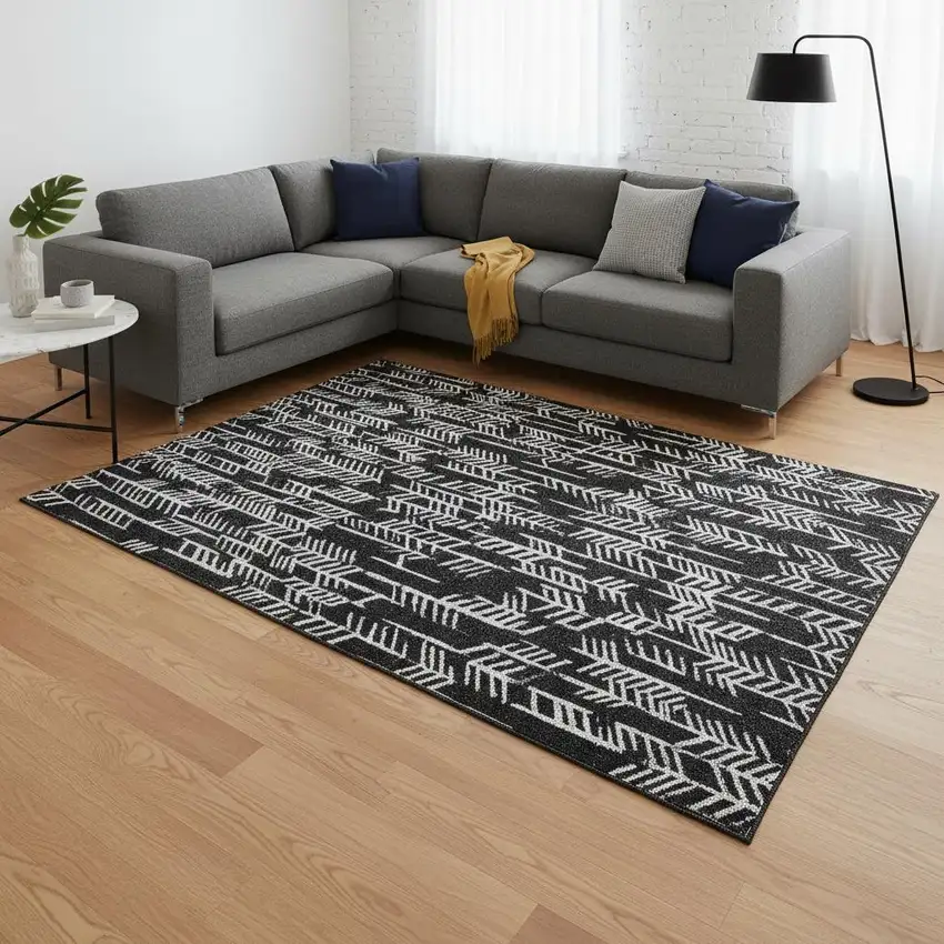 Black And Ivory Tribal Washable Area Rug With UV Protection Photo 2