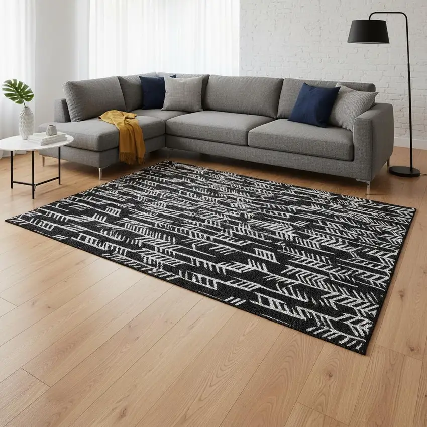 Black And Ivory Tribal Washable Area Rug With UV Protection Photo 2