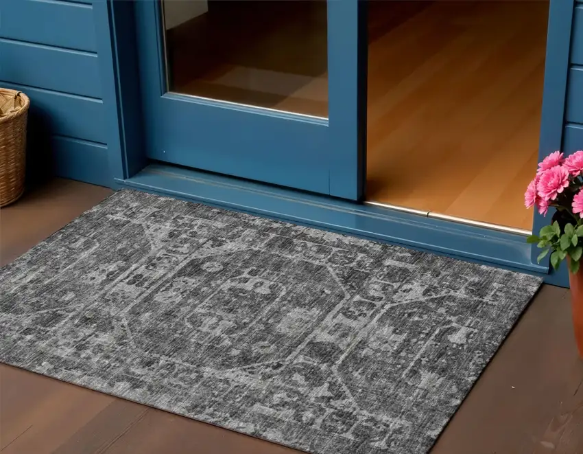 Black And Ivory Tribal Washable Indoor Outdoor Area Rug Photo 1