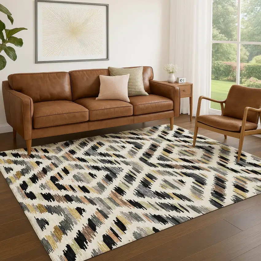 Black And Ivory Tribal Washable Indoor Outdoor Area Rug Photo 5
