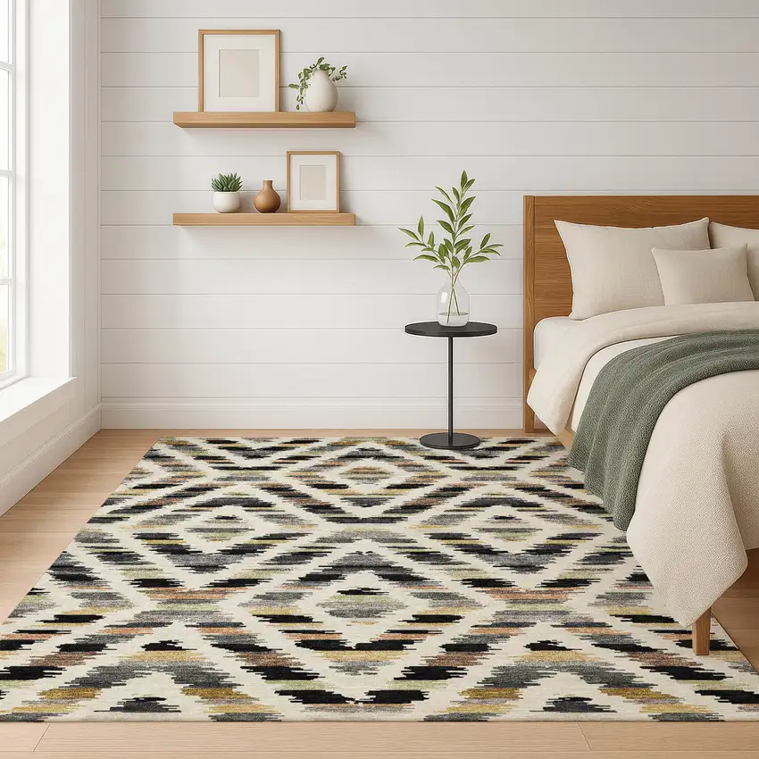 Black And Ivory Tribal Washable Indoor Outdoor Area Rug Photo 6