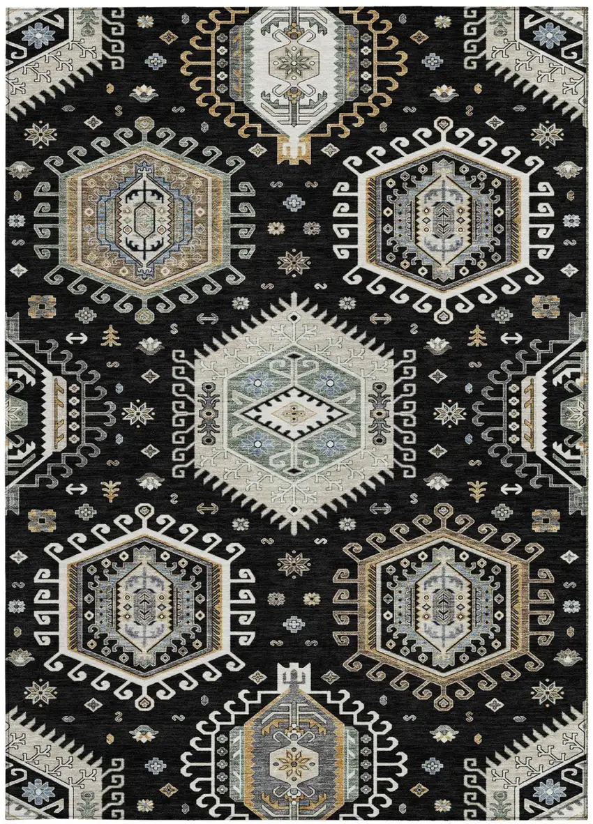 Black And Ivory Tribal Washable Indoor Outdoor Area Rug Photo 3