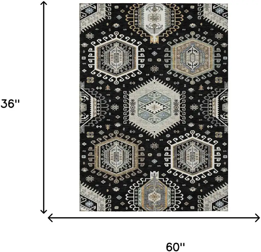 Black And Ivory Tribal Washable Indoor Outdoor Area Rug Photo 4