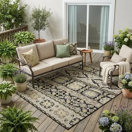 Black And Ivory Tribal Washable Indoor Outdoor Area Rug Photo 1