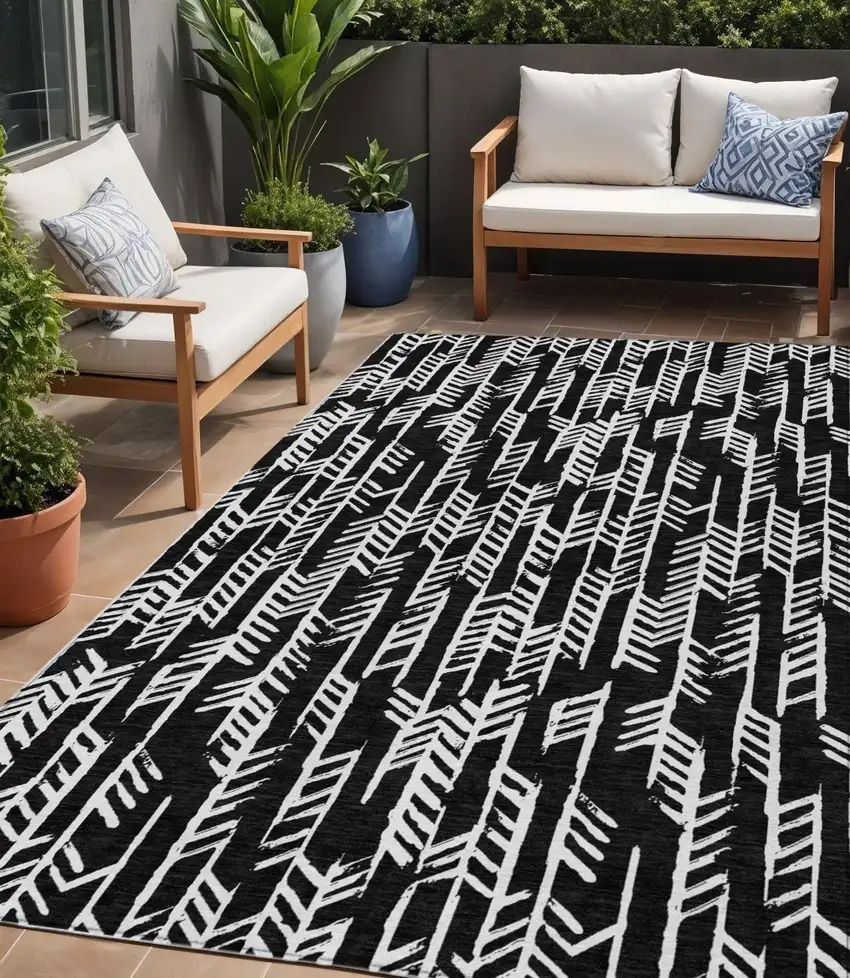 Black And Ivory Tribal Washable Indoor Outdoor Area Rug Photo 1