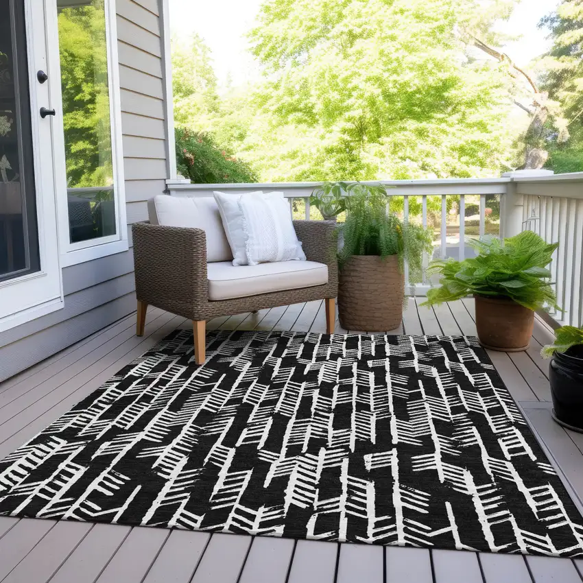 Black And Ivory Tribal Washable Indoor Outdoor Area Rug Photo 8