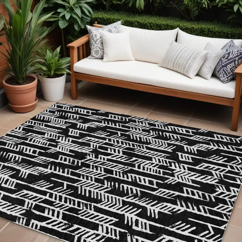 Black And Ivory Tribal Washable Indoor Outdoor Area Rug Photo 1