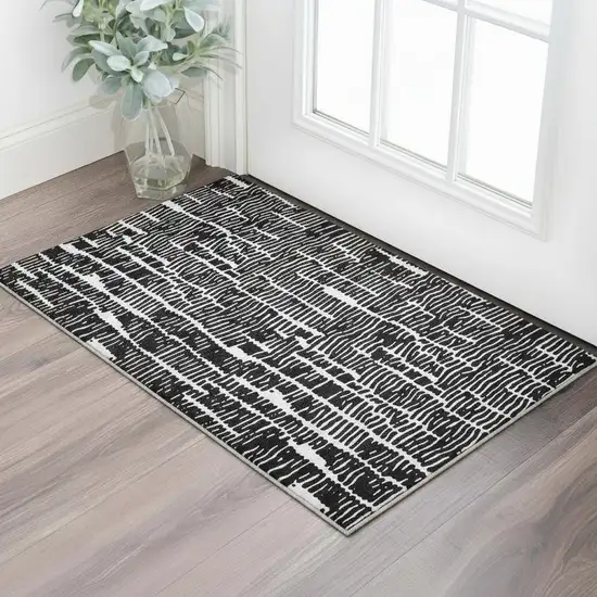 Black And Ivory Vermicular Washable Area Rug With UV Protection Photo 2