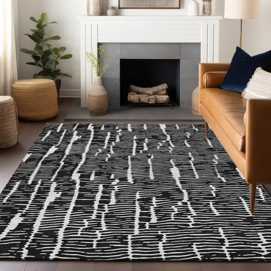 Black And Ivory Vermicular Washable Area Rug With UV Protection Photo 6