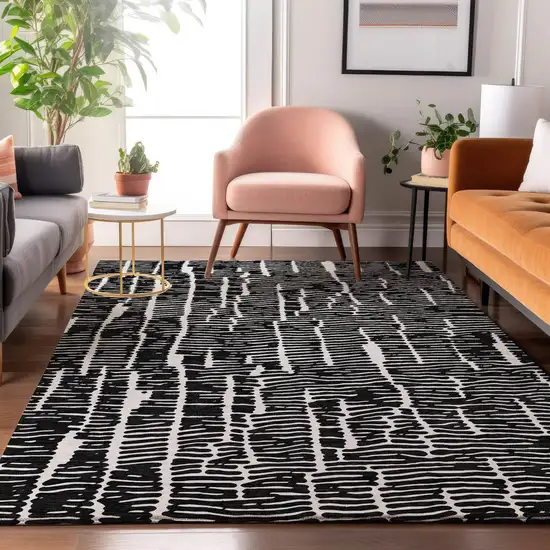 Black And Ivory Vermicular Washable Area Rug With UV Protection Photo 5