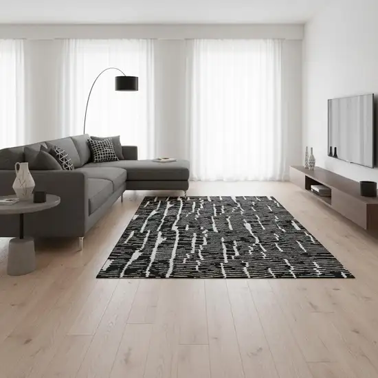 Black And Ivory Vermicular Washable Area Rug With UV Protection Photo 2