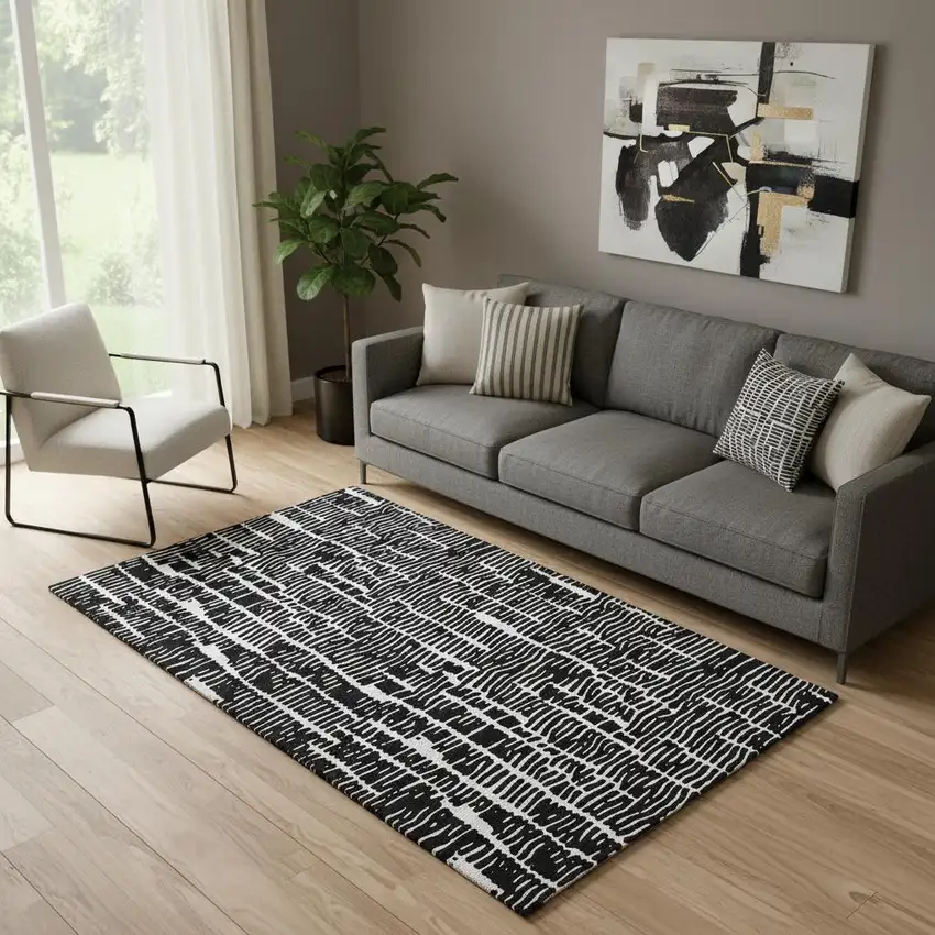 Black And Ivory Vermicular Washable Area Rug With UV Protection Photo 1