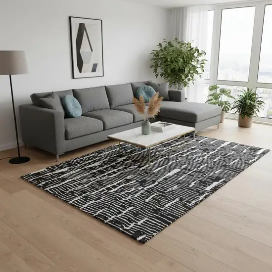 Black And Ivory Vermicular Washable Area Rug With UV Protection Photo 2