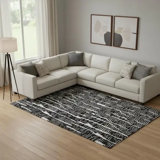 Black And Ivory Vermicular Washable Area Rug With UV Protection Photo 1