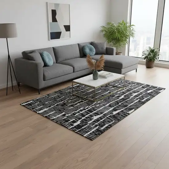 Black And Ivory Vermicular Washable Area Rug With UV Protection Photo 2