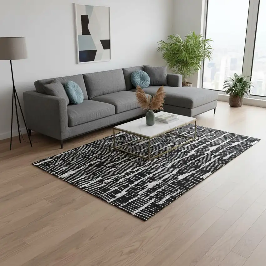 Black And Ivory Vermicular Washable Area Rug With UV Protection Photo 2