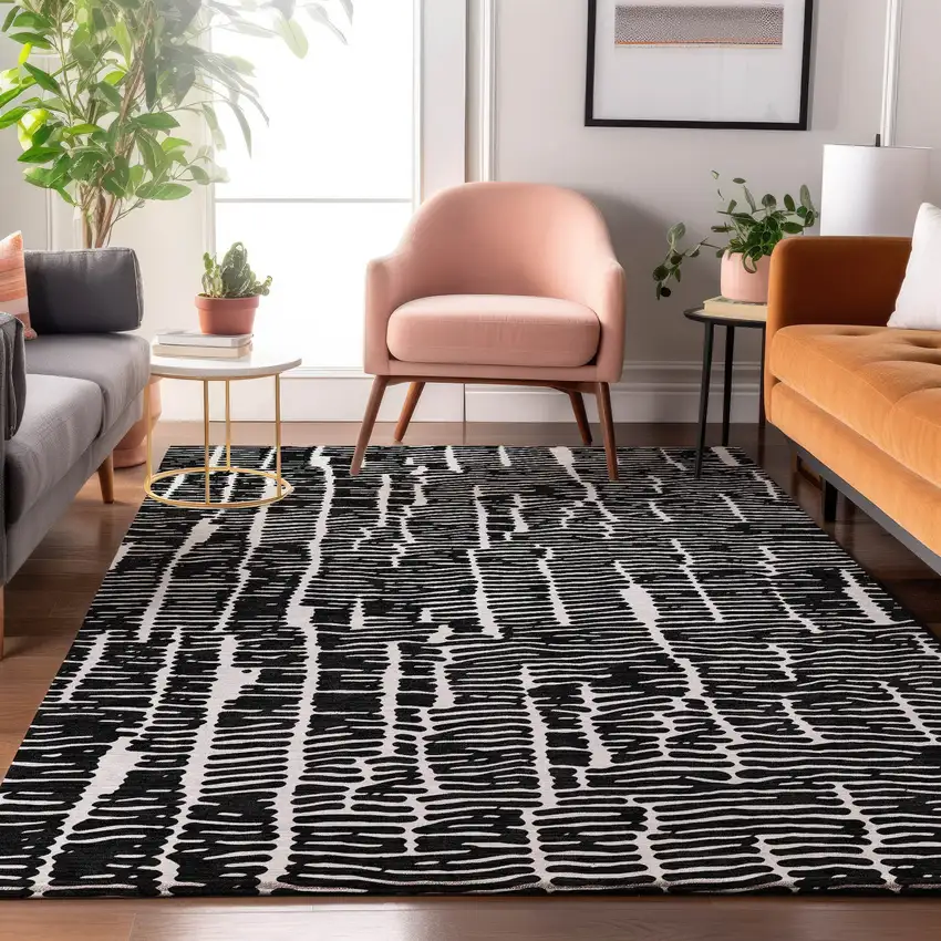 Black And Ivory Vermicular Washable Area Rug With UV Protection Photo 5