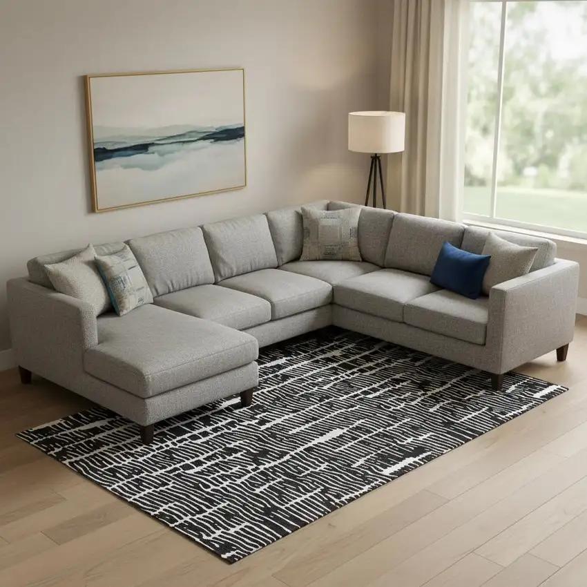 Black And Ivory Vermicular Washable Area Rug With UV Protection Photo 1