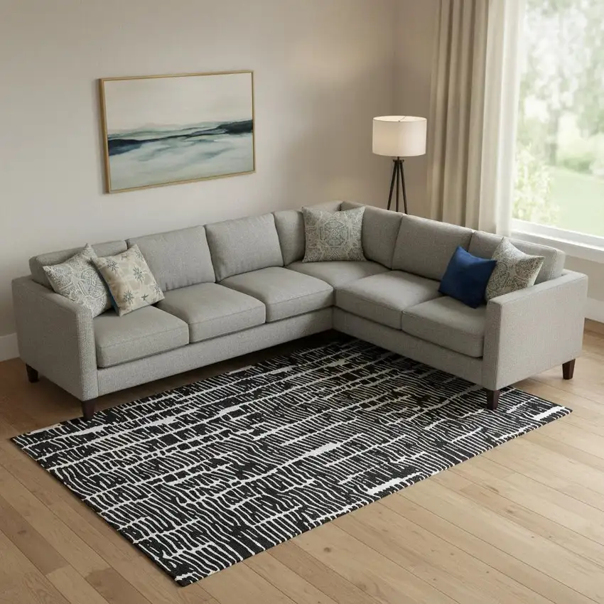 Black And Ivory Vermicular Washable Area Rug With UV Protection Photo 1