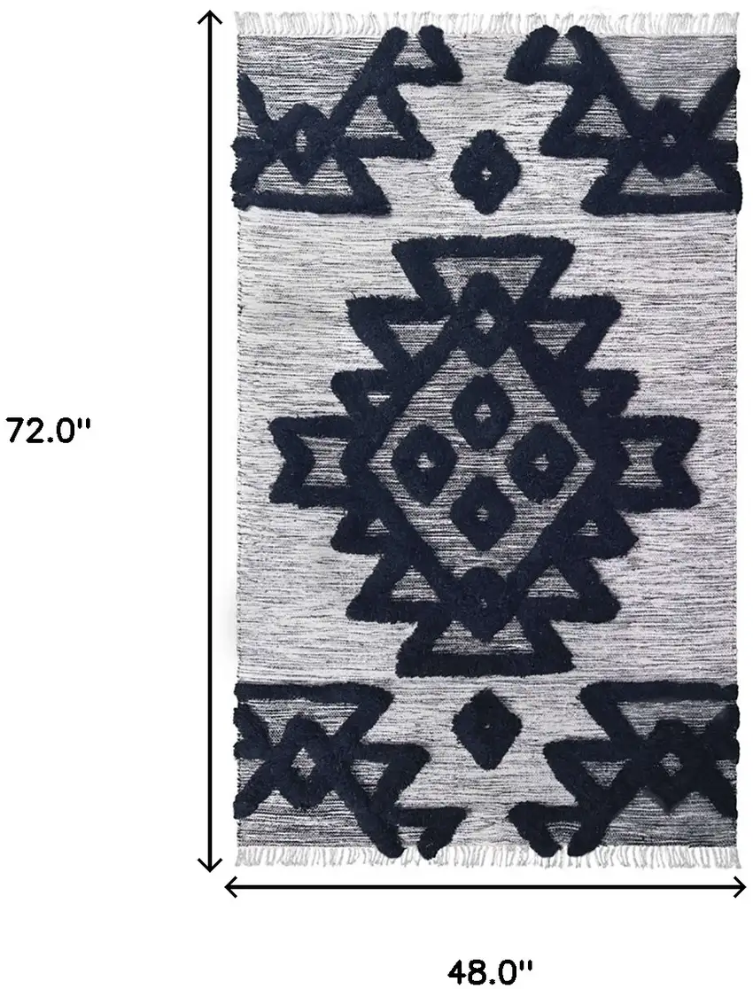Black And Ivory Wool Geometric Flatweave Handmade Stain Resistant Area Rug With Fringe Photo 9