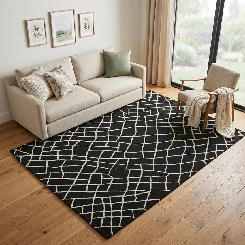 Black And Ivory Wool Geometric Hand Tufted Area Rug Photo 1