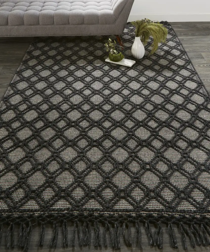 Black And Ivory Wool Geometric Hand Woven Area Rug With Fringe Photo 6